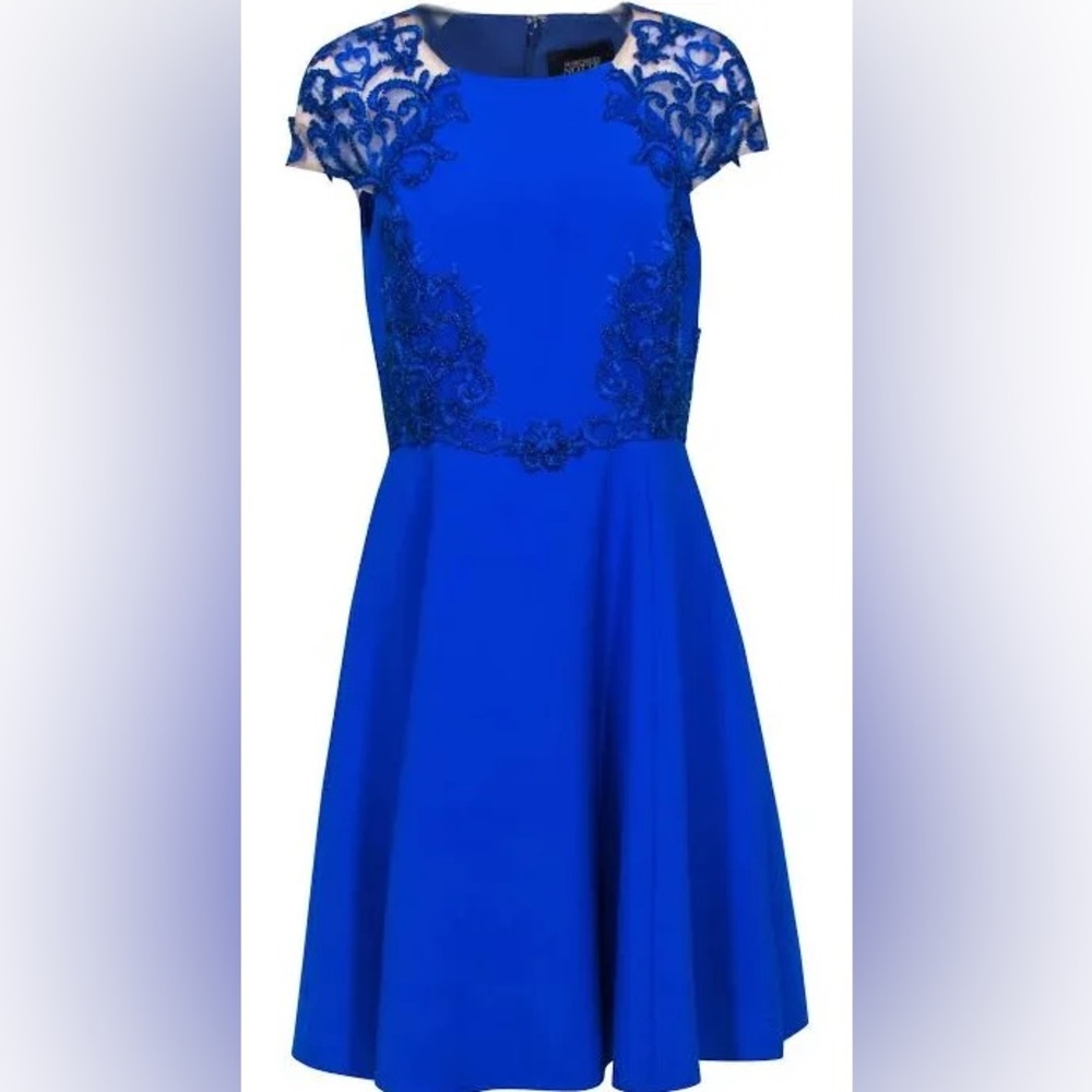 Marchesa notte Elegant Blue Lace Mini Dress